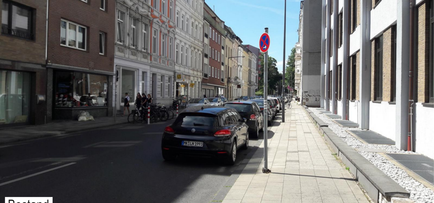 Status Quo Lochnerstraße Der Status Quo der Lochnerstraße. Beidseitig sind Kfz geparkt, wodurch nur wenig freie Fahrbahnbreite bleibt.