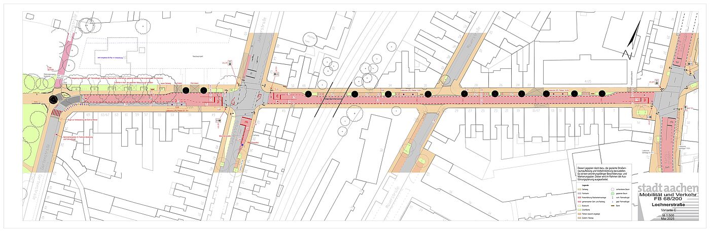 Lochnerstraße Variante C Lageplan der Variante C von der Planung zur Lochnerstraße. Hier liegt der Fokus auf einer Kompromisslösung zwischen Grünflächen und Kfz-Parkplätzen
