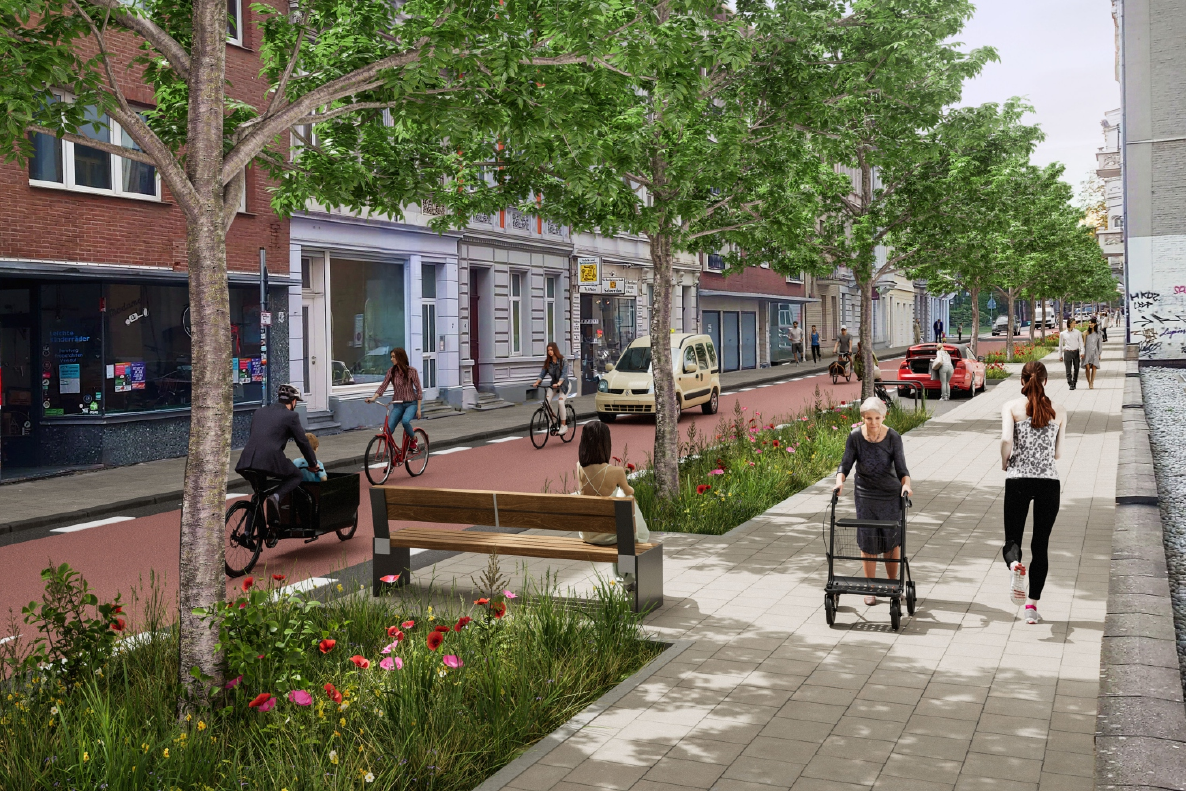 Variante B des Planungsbeschluss Lochnerstraße Variante A der neu geplanten Lochnerstraße. Die Nebenanlage enthält keine Parkplätze, aber eine Ladezone. Auf der durch die entfernten Parkplätze freigewordenen Flächen wurden zusätzliche Bäume gepflanzt.