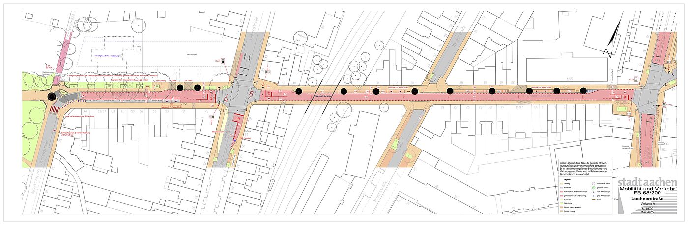 Lochnerstraße Variante A Lageplan der Variante A von der Planung zur Lochnerstraße. Hier liegt der Fokus auf mehr Parkplätzen für Kfz