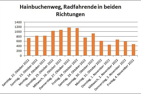 Radfahrende pro Tag am Zählerstandort Säulendiagramm mit der Zahl der Radfahrenden pro Tag