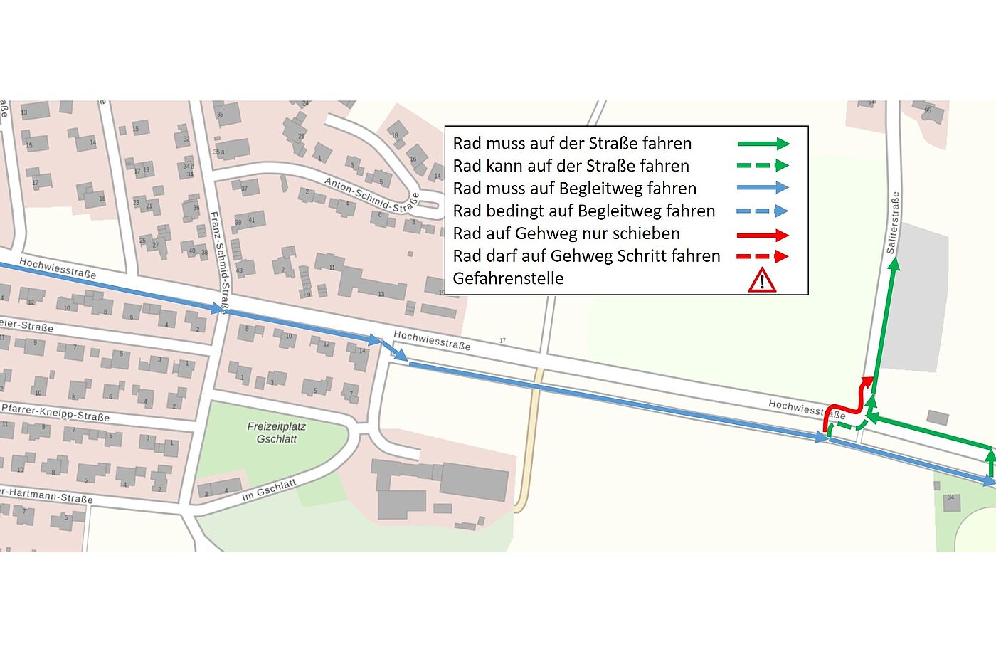 HWS stadtauswärts Stadtplan mit Pfeilen zur Wegmarkierung