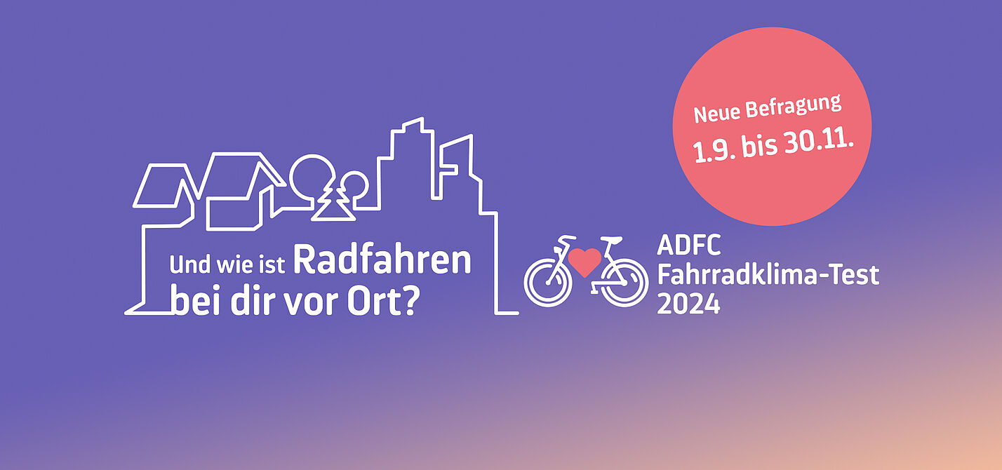 FKT Keyvisual 2024 Keyvisual ADFC Fahrradklima-Test 2024, zeigt die Skyline einer Stadt mit einem Fahrrad