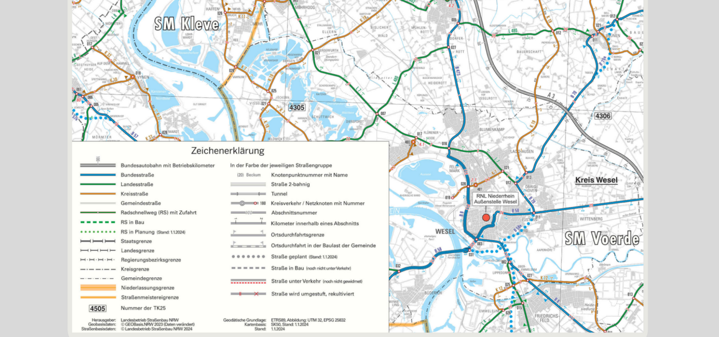Karte_von_Strassen.NRW Straßen.NRW hält in Ergänzung zur Straßeninformationsbank Nordrhein-Westfalen (NWSIB) eine Auswahl an meist NRW-weiten und regionalen thematischen Karten oder Übersichten bereit.