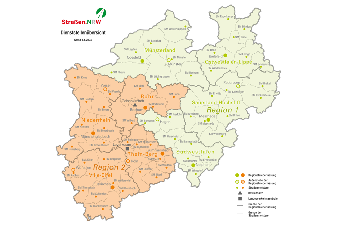snrw_Dienststellenuebersicht Dienststellenübersicht von Straßen.NRW. Neben dem Betriebssitz in Gelsenkirchen gibt es u.a. acht Regionalniederlassungen.
