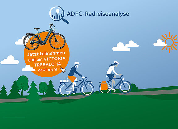 ADFC-Radreisenanalyse Großbild mit Störer Grafik zur ADFC-Radreisenanalyse, zwei Personen fahren Rad, ein Kreis mit Info, dass man ein Fahrrad gewinnen kann